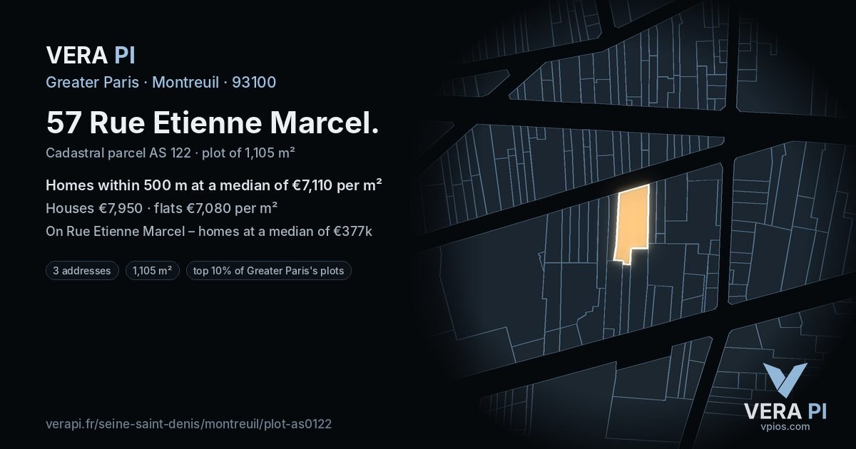 57 Rue Etienne Marcel, Montreuil at night – the plot lit, the parcels around coloured by the prices near them