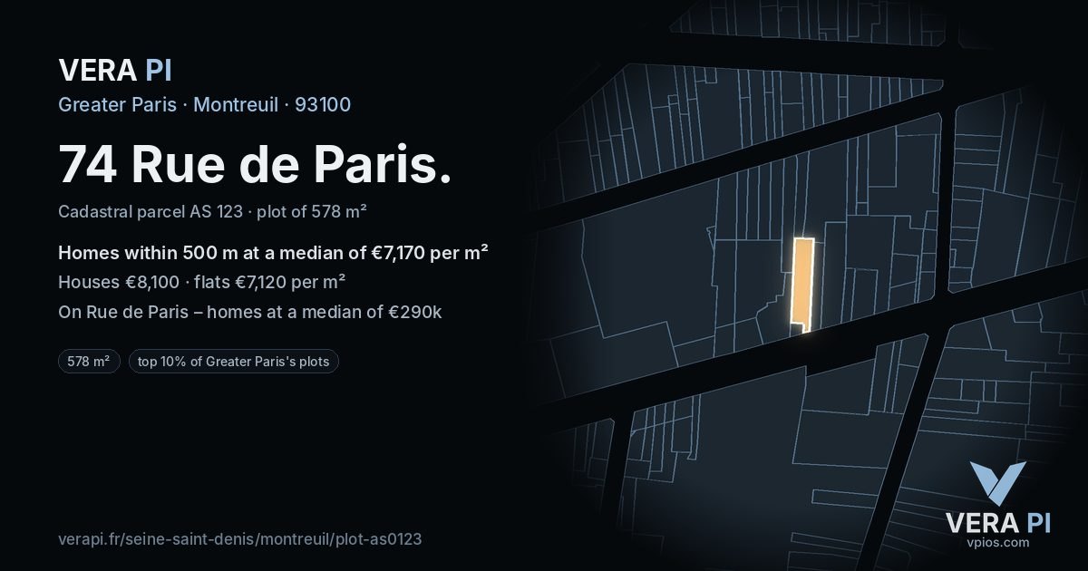 74 Rue de Paris, Montreuil at night – the plot lit, the parcels around coloured by the prices near them