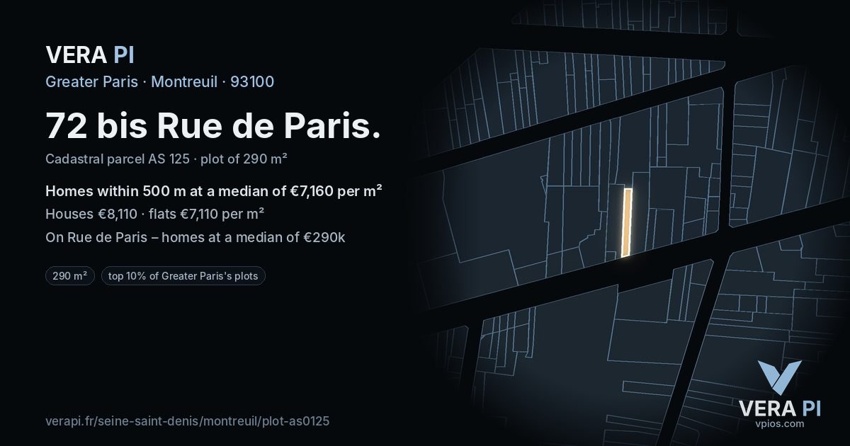 72 bis Rue de Paris, Montreuil at night – the plot lit, the parcels around coloured by the prices near them