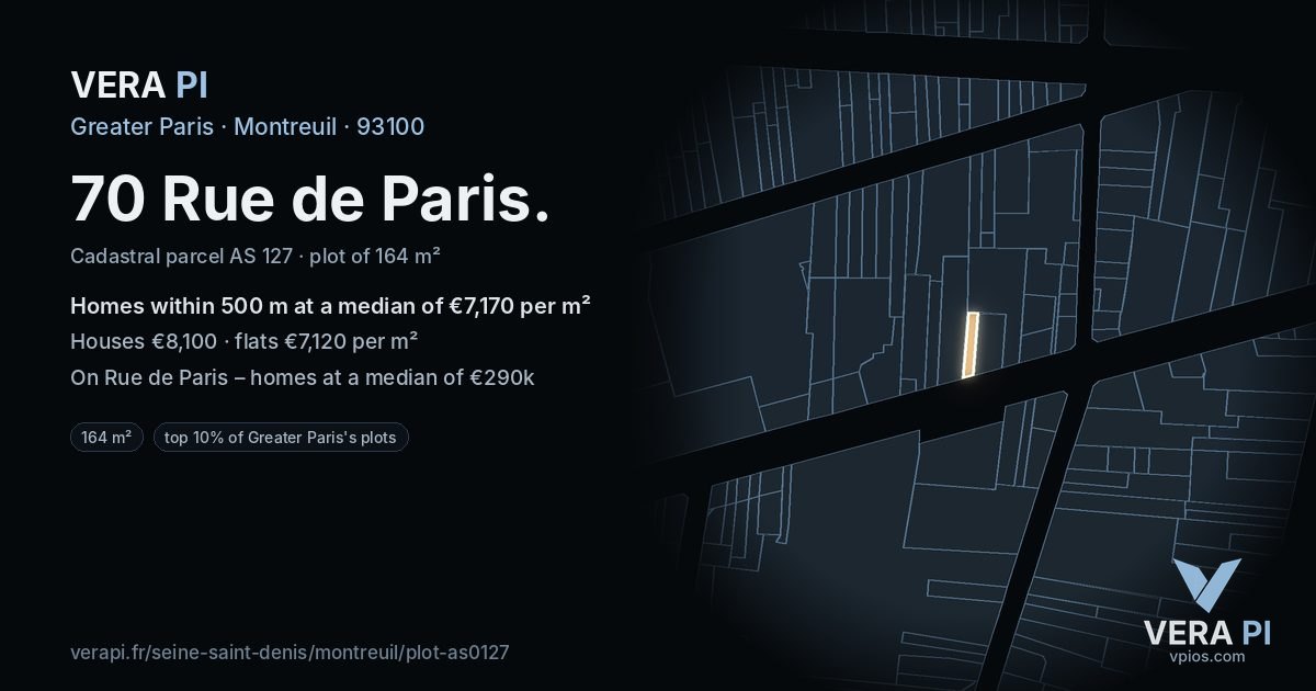 70 Rue de Paris, Montreuil at night – the plot lit, the parcels around coloured by the prices near them