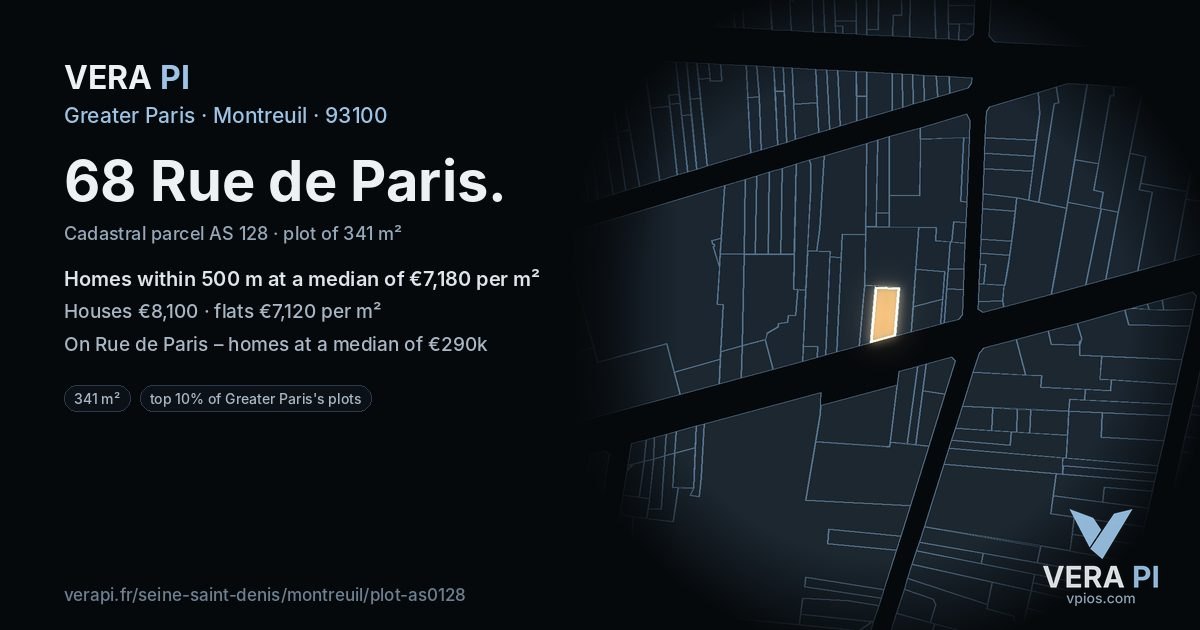 68 Rue de Paris, Montreuil at night – the plot lit, the parcels around coloured by the prices near them
