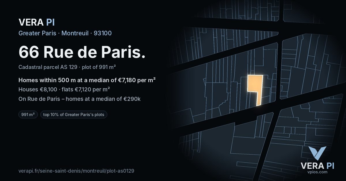 66 Rue de Paris, Montreuil at night – the plot lit, the parcels around coloured by the prices near them