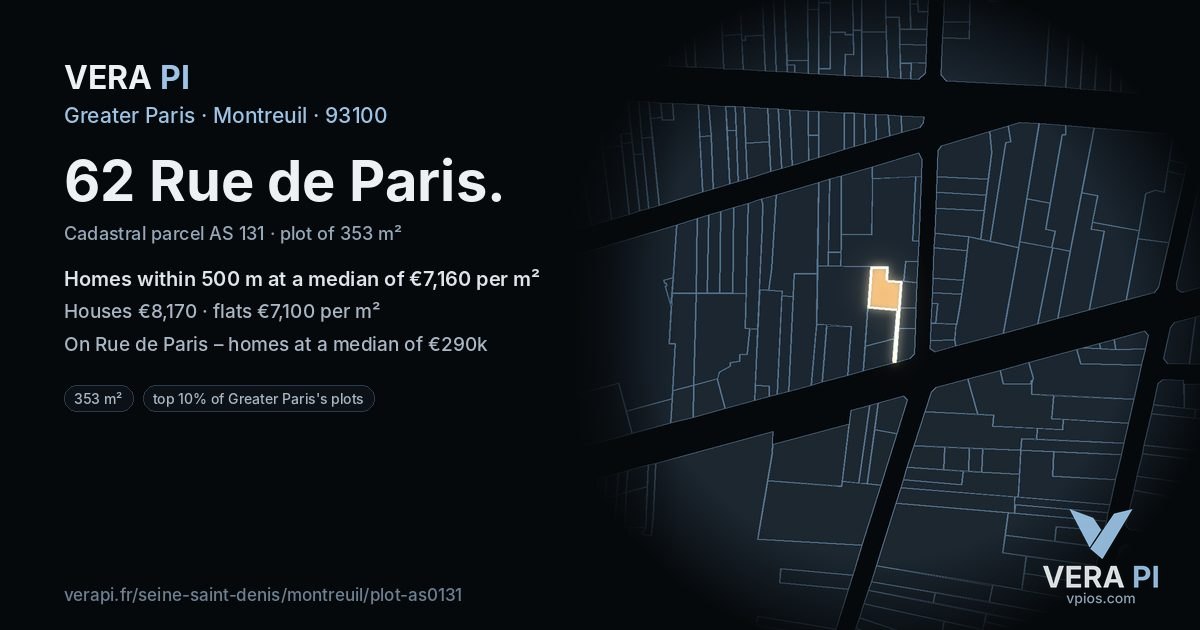 62 Rue de Paris, Montreuil at night – the plot lit, the parcels around coloured by the prices near them
