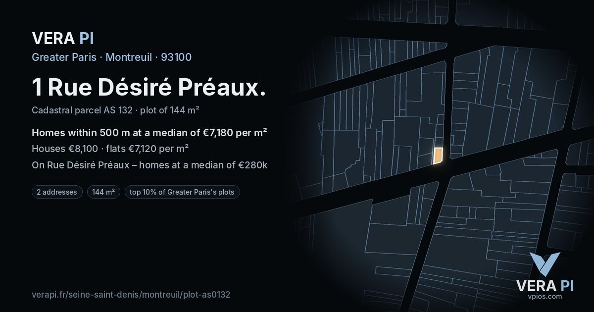 1 Rue Désiré Préaux, Montreuil at night – the plot lit, the parcels around coloured by the prices near them