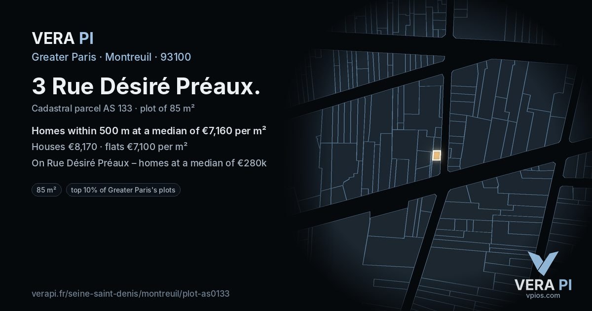 3 Rue Désiré Préaux, Montreuil at night – the plot lit, the parcels around coloured by the prices near them