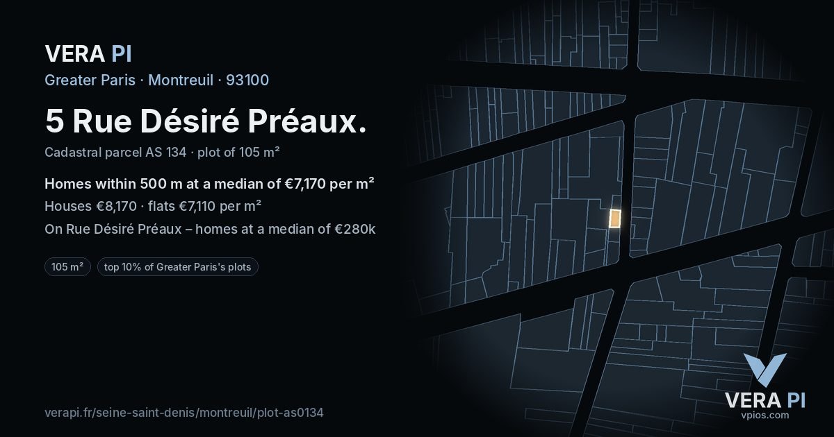 5 Rue Désiré Préaux, Montreuil at night – the plot lit, the parcels around coloured by the prices near them