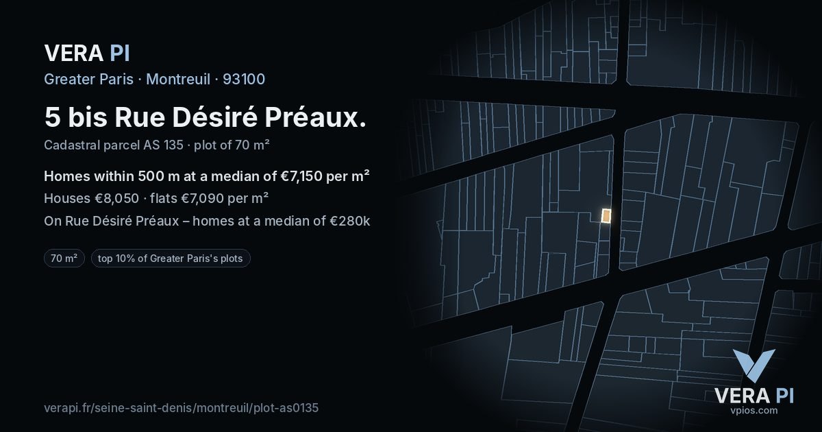 5 bis Rue Désiré Préaux, Montreuil at night – the plot lit, the parcels around coloured by the prices near them