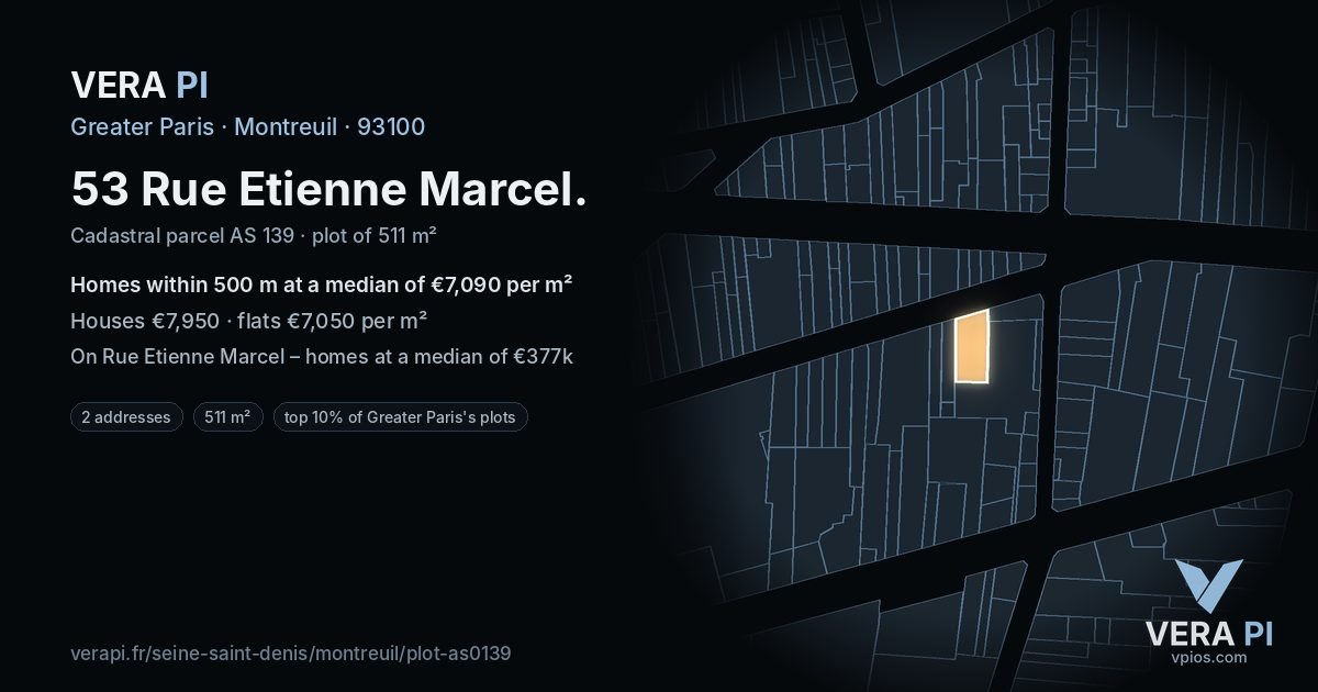 53 Rue Etienne Marcel, Montreuil at night – the plot lit, the parcels around coloured by the prices near them