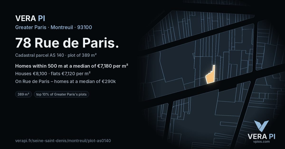 78 Rue de Paris, Montreuil at night – the plot lit, the parcels around coloured by the prices near them