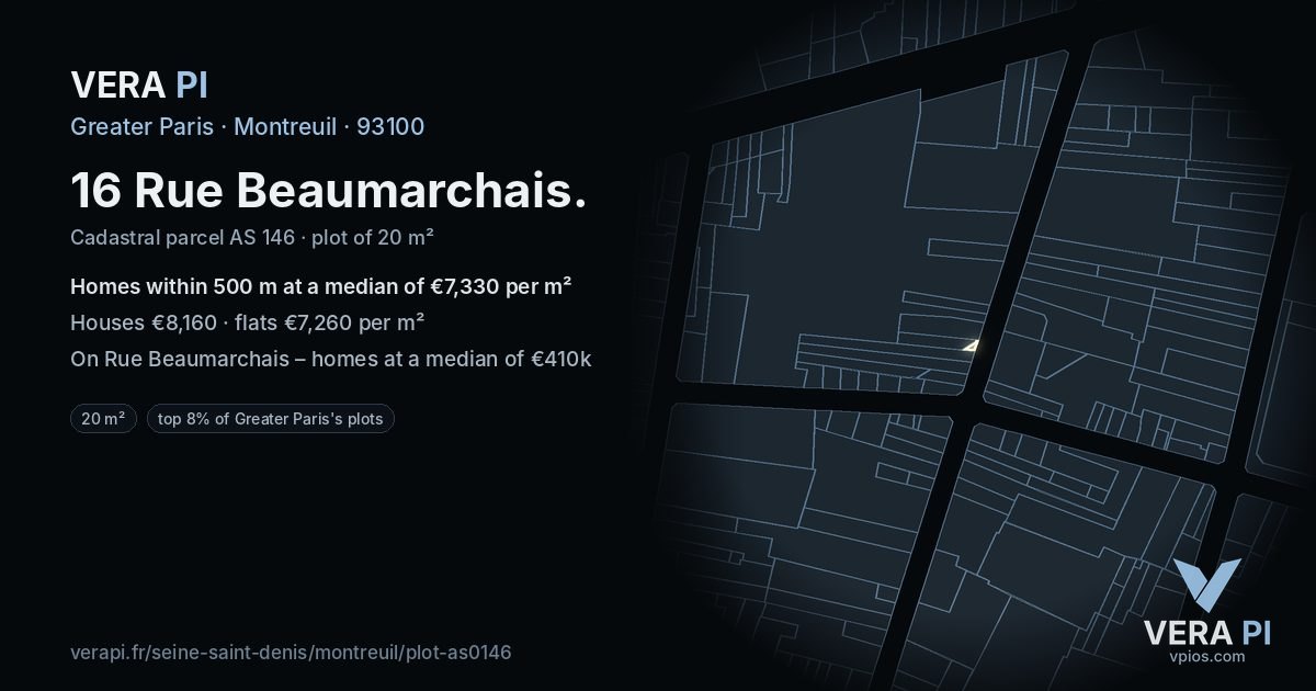 16 Rue Beaumarchais, Montreuil at night – the plot lit, the parcels around coloured by the prices near them