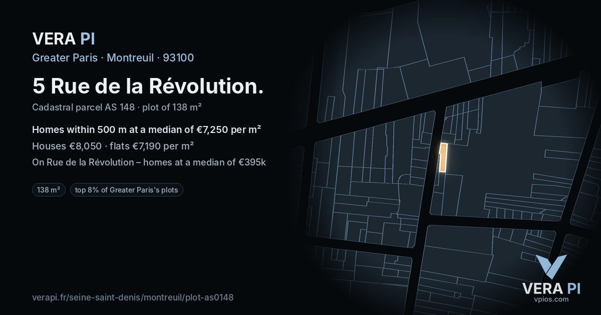 5 Rue de la Révolution, Montreuil at night – the plot lit, the parcels around coloured by the prices near them