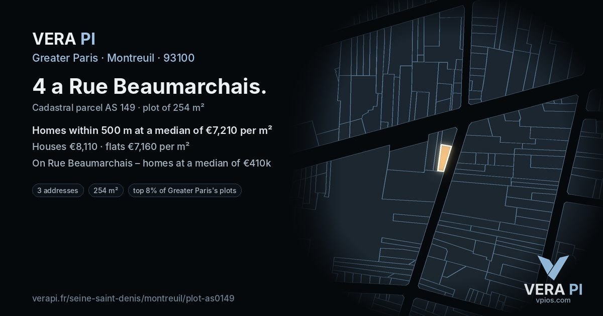 4 a Rue Beaumarchais, Montreuil at night – the plot lit, the parcels around coloured by the prices near them