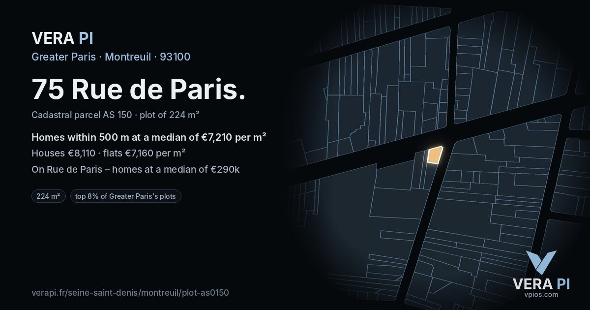 75 Rue de Paris, Montreuil at night – the plot lit, the parcels around coloured by the prices near them