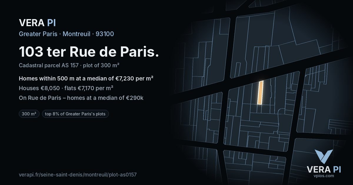 103 ter Rue de Paris, Montreuil at night – the plot lit, the parcels around coloured by the prices near them