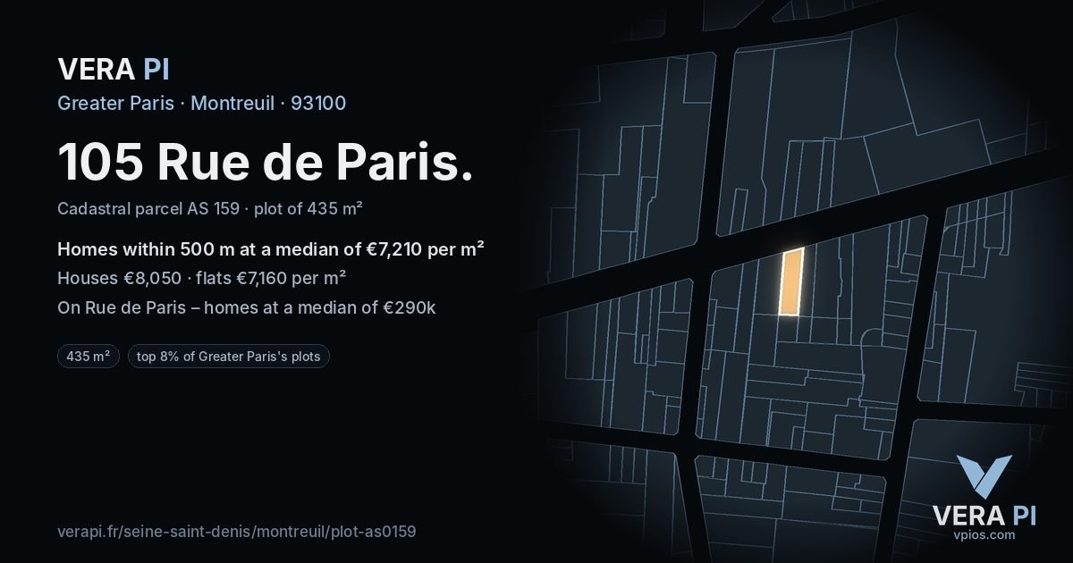 105 Rue de Paris, Montreuil at night – the plot lit, the parcels around coloured by the prices near them