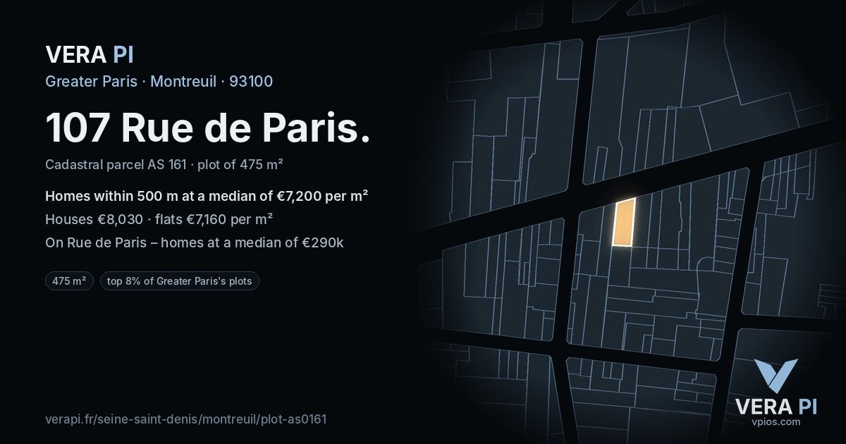 107 Rue de Paris, Montreuil at night – the plot lit, the parcels around coloured by the prices near them