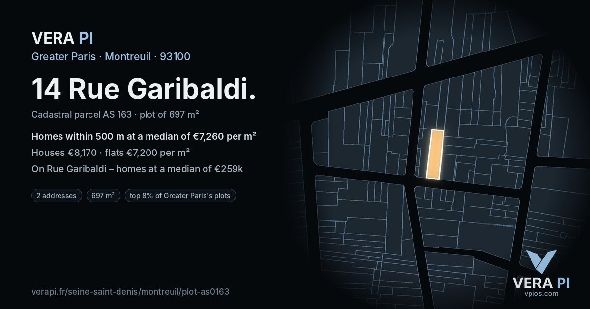 14 Rue Garibaldi, Montreuil at night – the plot lit, the parcels around coloured by the prices near them