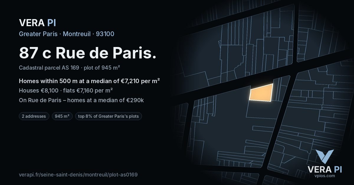 87 c Rue de Paris, Montreuil at night – the plot lit, the parcels around coloured by the prices near them