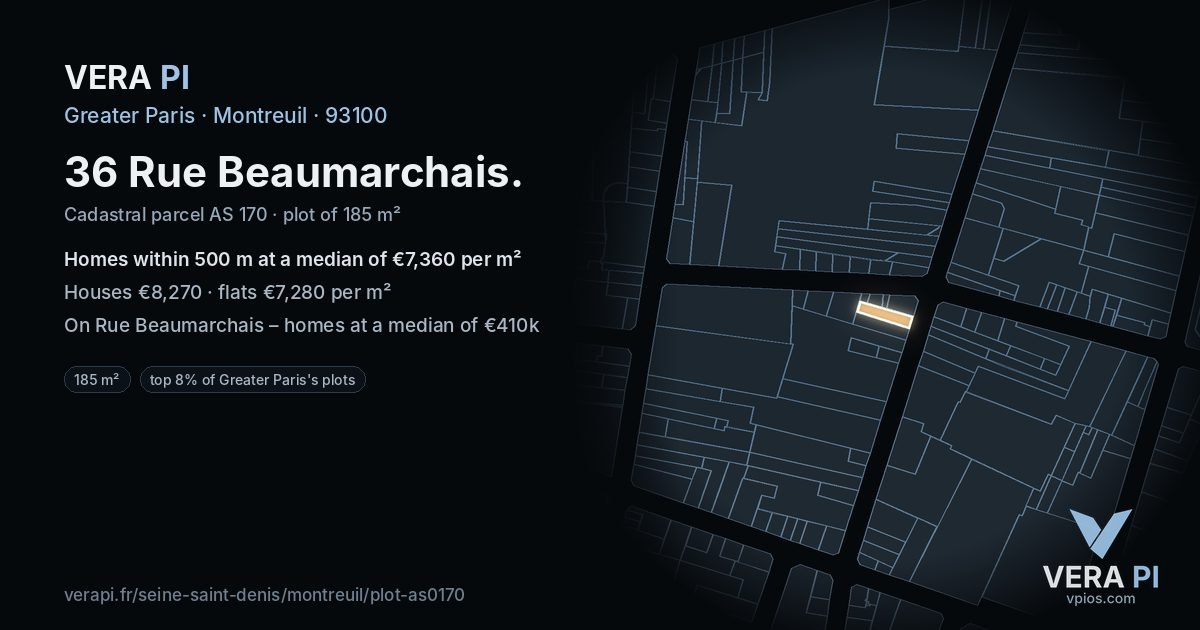 36 Rue Beaumarchais, Montreuil at night – the plot lit, the parcels around coloured by the prices near them