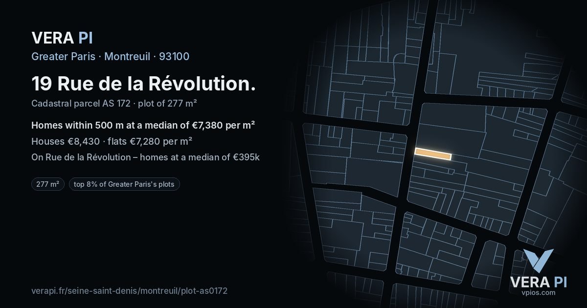 19 Rue de la Révolution, Montreuil at night – the plot lit, the parcels around coloured by the prices near them