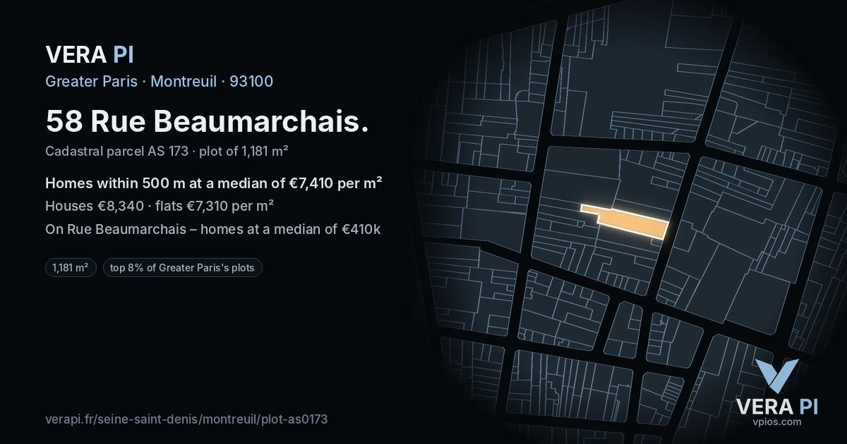 58 Rue Beaumarchais, Montreuil at night – the plot lit, the parcels around coloured by the prices near them