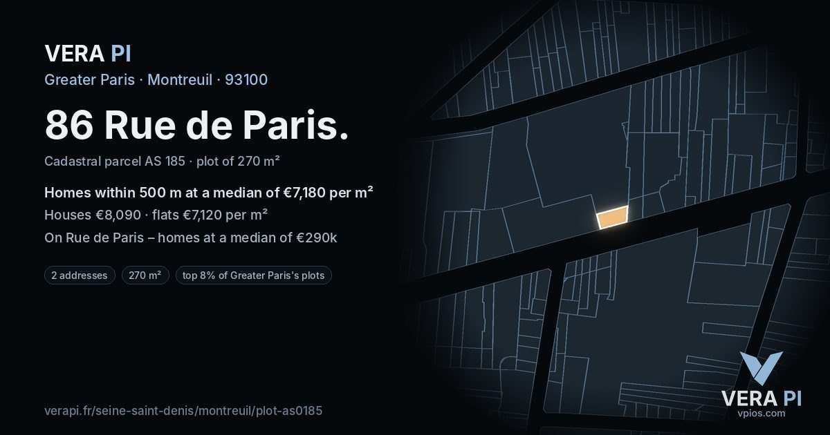 86 Rue de Paris, Montreuil at night – the plot lit, the parcels around coloured by the prices near them