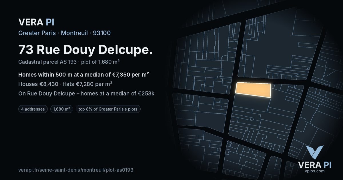 73 Rue Douy Delcupe, Montreuil at night – the plot lit, the parcels around coloured by the prices near them