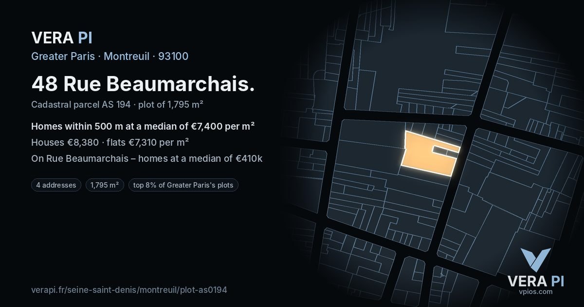 48 Rue Beaumarchais, Montreuil at night – the plot lit, the parcels around coloured by the prices near them