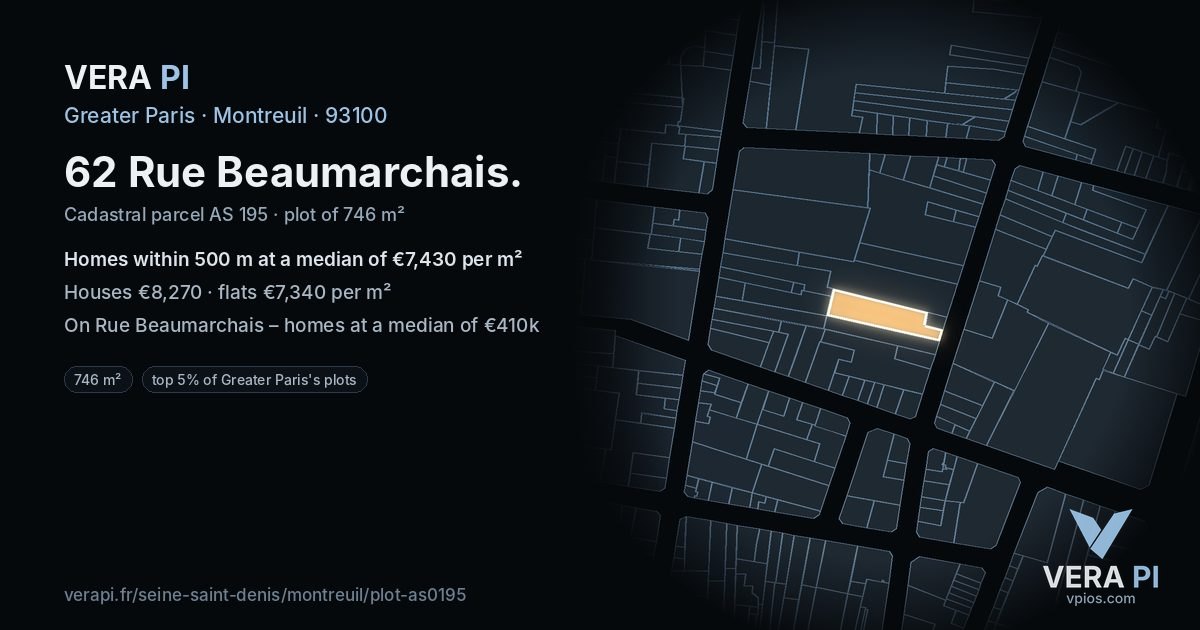 62 Rue Beaumarchais, Montreuil at night – the plot lit, the parcels around coloured by the prices near them