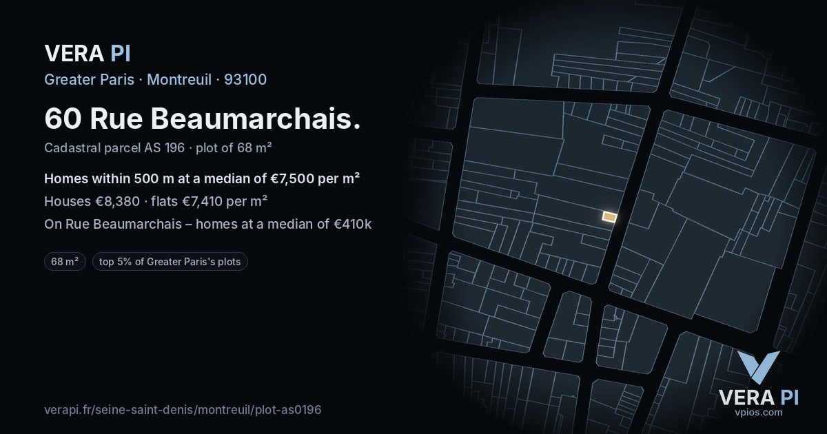 60 Rue Beaumarchais, Montreuil at night – the plot lit, the parcels around coloured by the prices near them