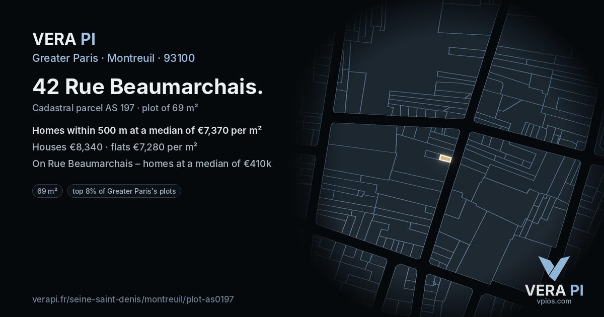 42 Rue Beaumarchais, Montreuil at night – the plot lit, the parcels around coloured by the prices near them