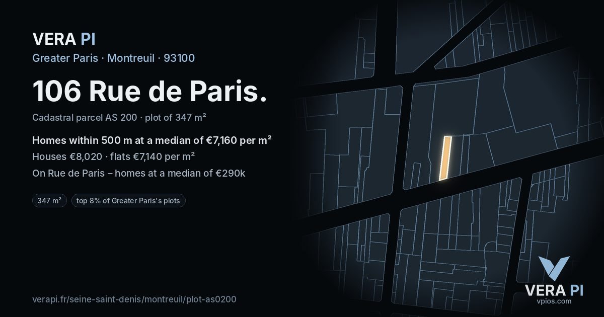 106 Rue de Paris, Montreuil at night – the plot lit, the parcels around coloured by the prices near them
