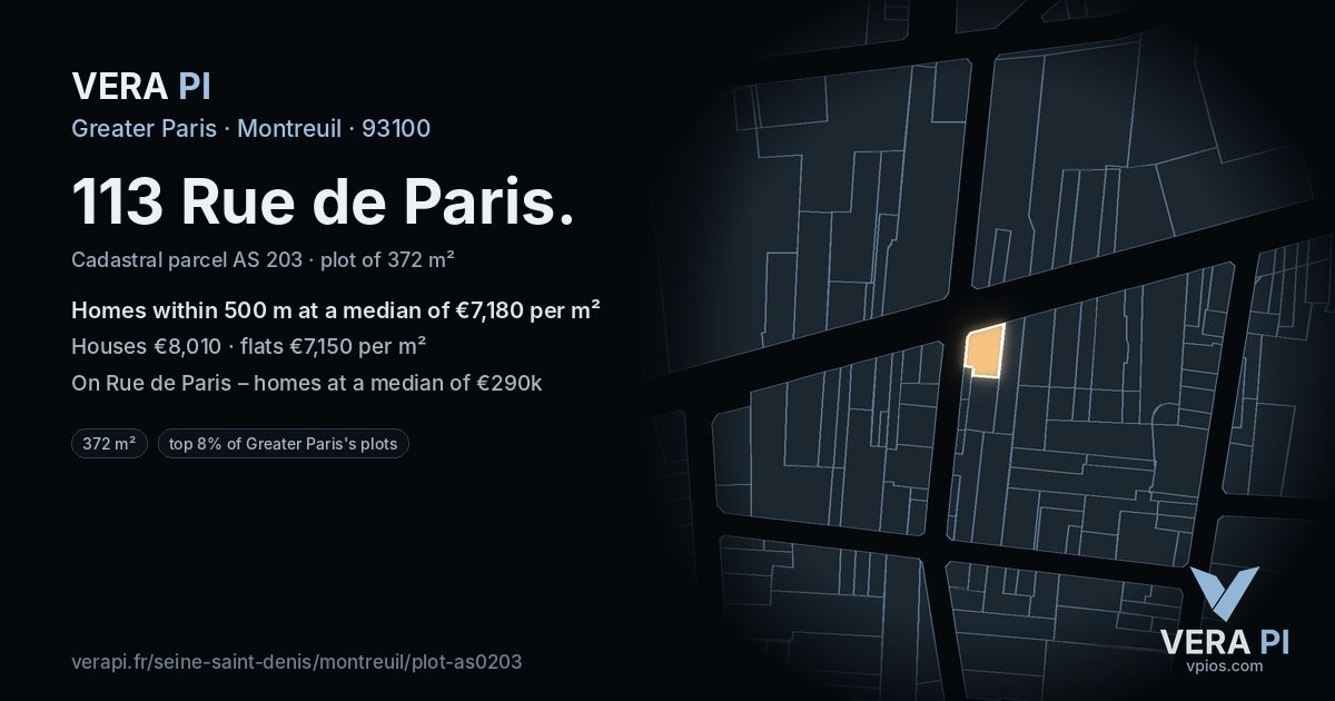 113 Rue de Paris, Montreuil at night – the plot lit, the parcels around coloured by the prices near them