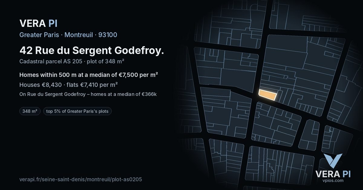 42 Rue du Sergent Godefroy, Montreuil at night – the plot lit, the parcels around coloured by the prices near them