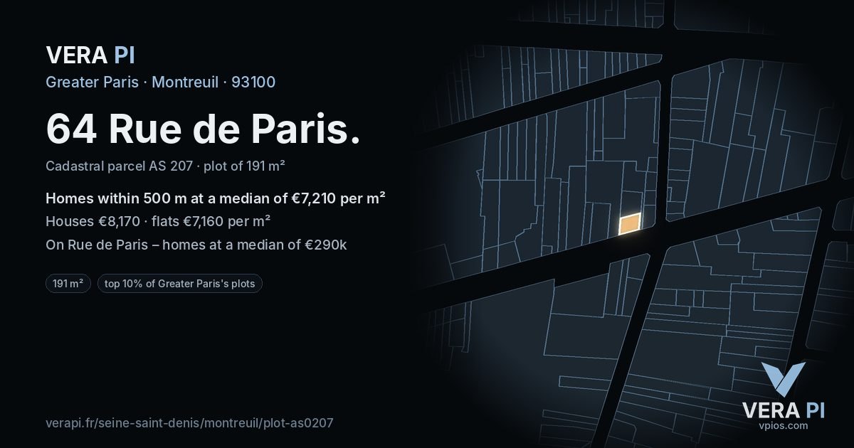 64 Rue de Paris, Montreuil at night – the plot lit, the parcels around coloured by the prices near them