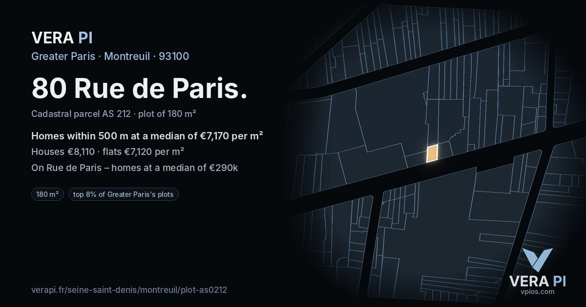 80 Rue de Paris, Montreuil at night – the plot lit, the parcels around coloured by the prices near them