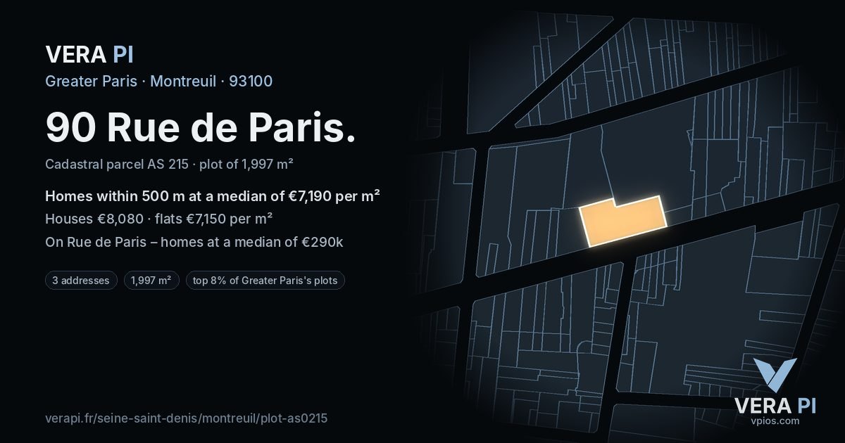 90 Rue de Paris, Montreuil at night – the plot lit, the parcels around coloured by the prices near them