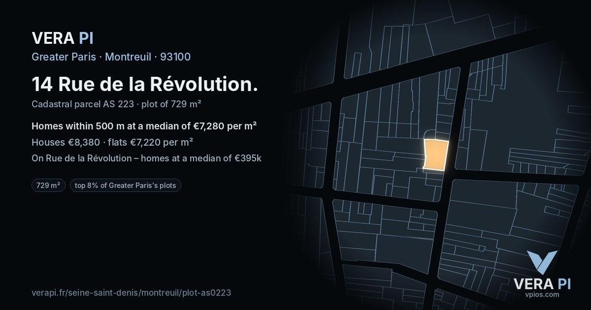 14 Rue de la Révolution, Montreuil at night – the plot lit, the parcels around coloured by the prices near them