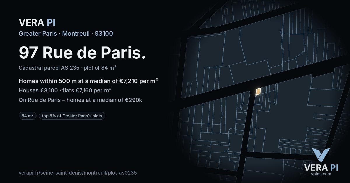 97 Rue de Paris, Montreuil at night – the plot lit, the parcels around coloured by the prices near them