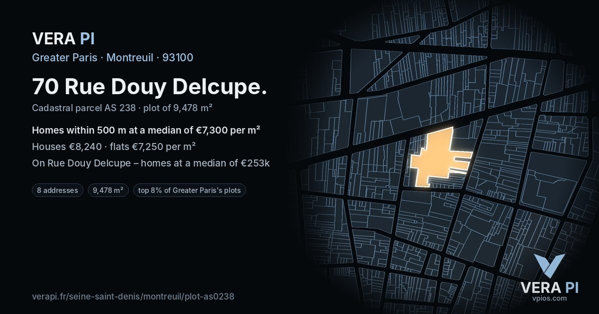 70 Rue Douy Delcupe, Montreuil at night – the plot lit, the parcels around coloured by the prices near them