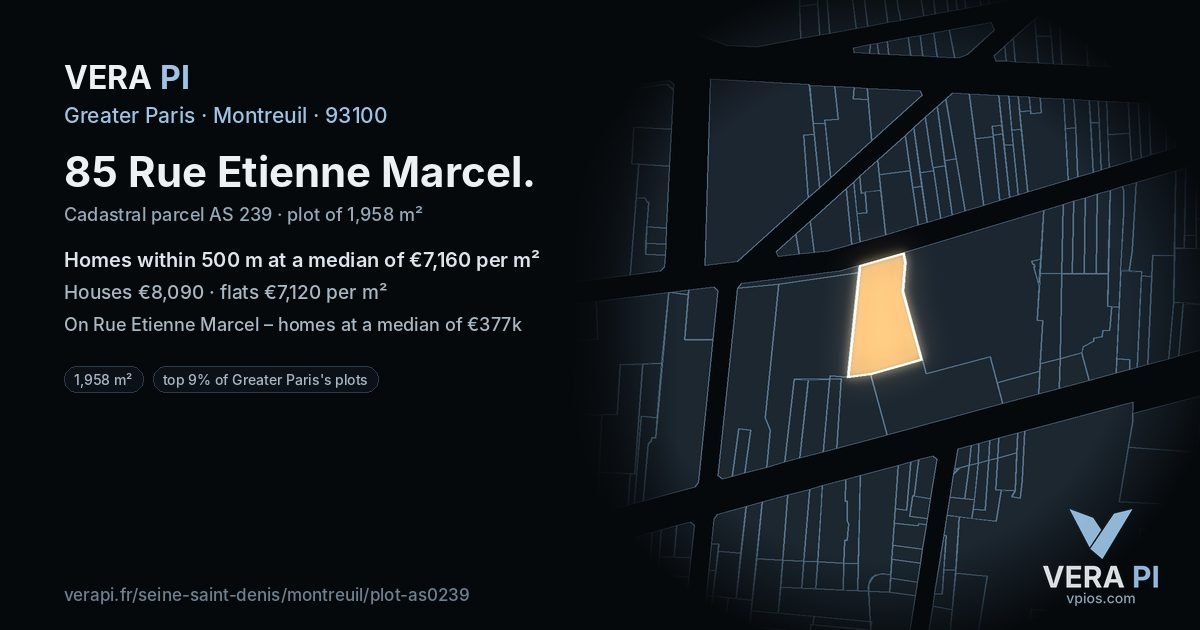 85 Rue Etienne Marcel, Montreuil at night – the plot lit, the parcels around coloured by the prices near them