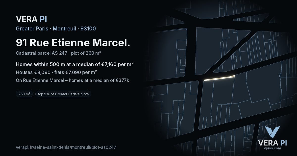 91 Rue Etienne Marcel, Montreuil at night – the plot lit, the parcels around coloured by the prices near them