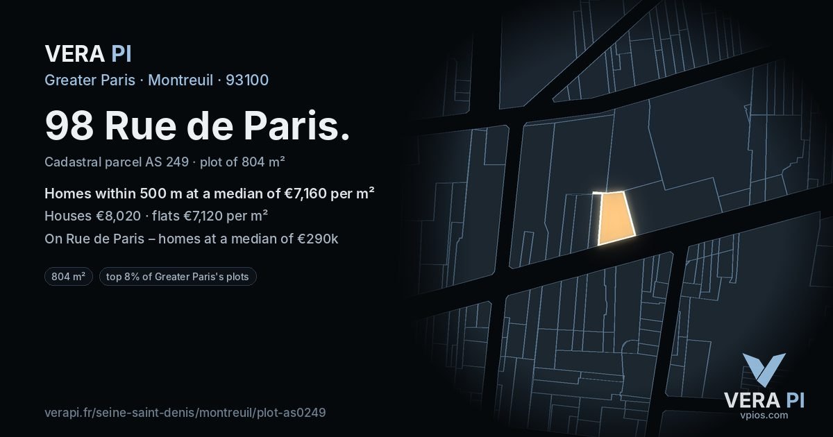 98 Rue de Paris, Montreuil at night – the plot lit, the parcels around coloured by the prices near them