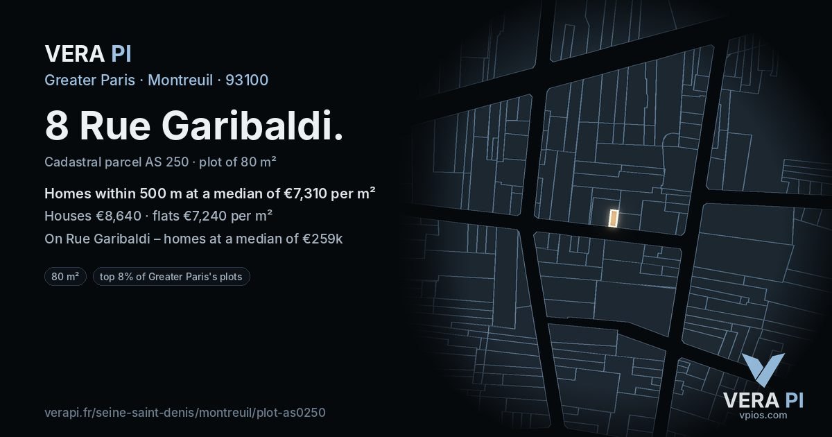 8 Rue Garibaldi, Montreuil at night – the plot lit, the parcels around coloured by the prices near them