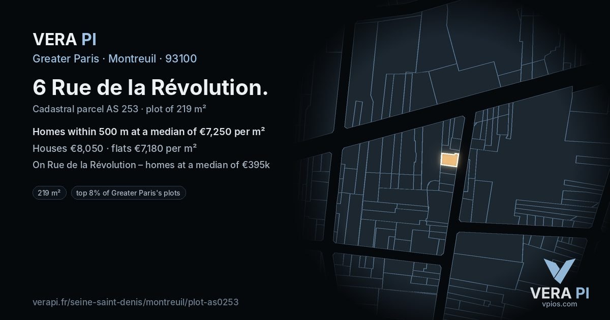 6 Rue de la Révolution, Montreuil at night – the plot lit, the parcels around coloured by the prices near them