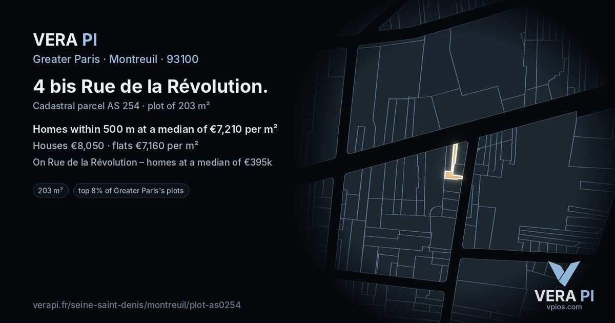 4 bis Rue de la Révolution, Montreuil at night – the plot lit, the parcels around coloured by the prices near them