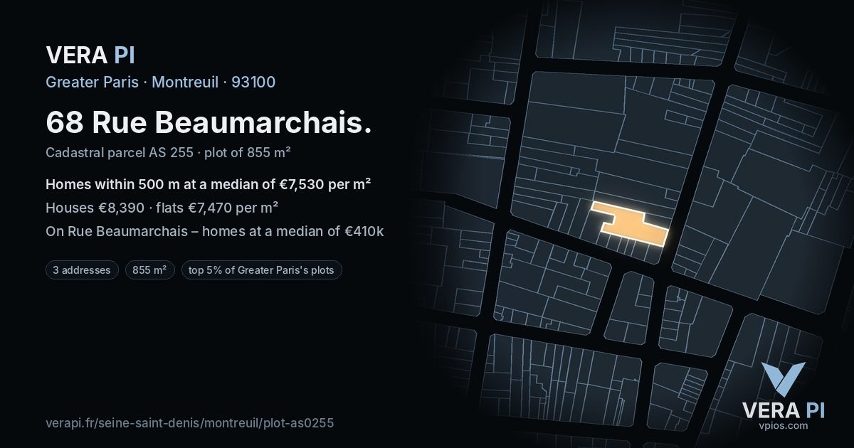 68 Rue Beaumarchais, Montreuil at night – the plot lit, the parcels around coloured by the prices near them