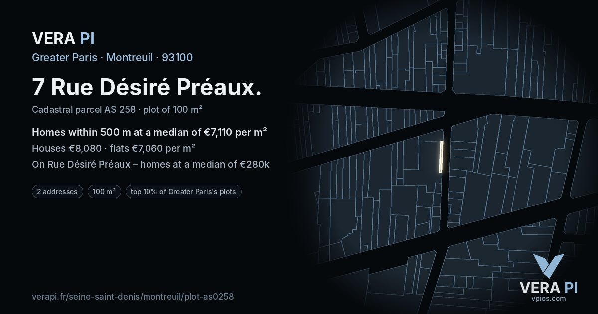 7 Rue Désiré Préaux, Montreuil at night – the plot lit, the parcels around coloured by the prices near them