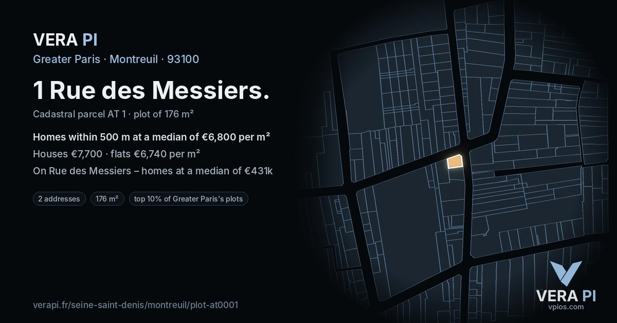 1 Rue des Messiers, Montreuil at night – the plot lit, the parcels around coloured by the prices near them
