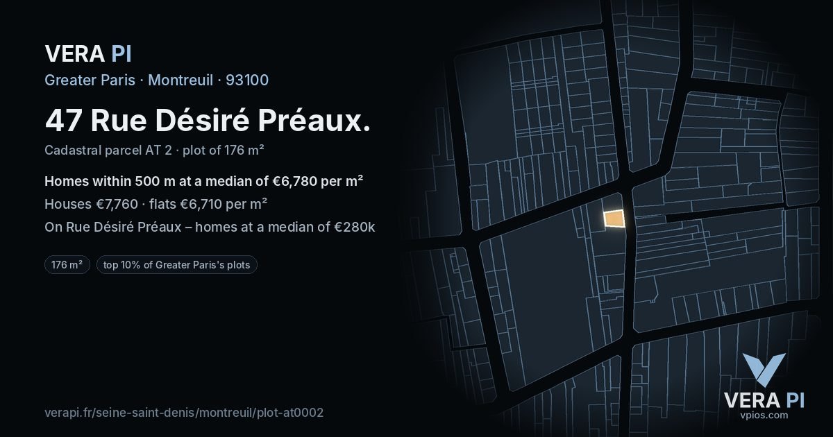 47 Rue Désiré Préaux, Montreuil at night – the plot lit, the parcels around coloured by the prices near them
